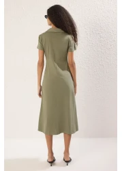  Collection Skater/Waist Cutout Khaki Polo Midi Dress, Cotton Stretch Knit