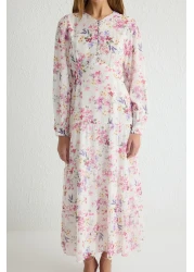  Modest Ecru Floral Print Woven Chiffon Dress Tctss25Eb00036