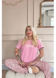 Pijamaevi Pink Bonjour Patterned Short Sleeve Knitted Women's Pajamas Set