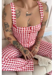 Pijamaevi Rouge Gingham Patterned Bamboo Front Button Thick Strap Pajama Set