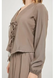 Arma Life Women's Lace-Up Premium Long Sleeve Mink Crop Blouse