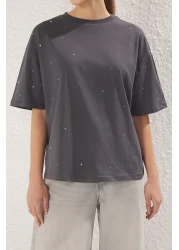  Collection Anthracite 100% Cotton Stone Detailed Relaxed/Wide Relaxed Fit Crew Neck Knitted T-Shirt Twoss23Ts00153