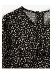 Koton Leopard Patterned Ruffle Dress Long Sleeve V-Neck with Elastic Cuffs
