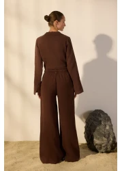  Collection Brown 100% Linen Elastic Waist High Waist Extra Pants Twoss24Je00251