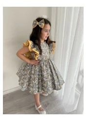 Sare Çocuk Giyim Girl's Yellow Floral Shoulder Puffy Princess Special Design Dress (100% Cotton) + Buckle