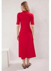  Collection Red Midi Knitted Dress - Three Quarter Sleeve, Button-Down Collar, Skater Style - Twoaw25El00518