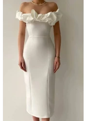 Julidress فستان أبيض متوسط الطول من قماش أطلس بدون حمالات بدون أكتاف وفتحة