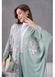 Miss Allos Women's Front Tulle Floral Embroidered Stone Detailed Linen Kimono and Pants Bottom Top Set