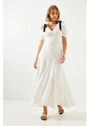 Bianco Lucci فستان نسائي متوسط الطول بياقة على شكل حرف V وأكمام قصيرة مزين بفيونكة 60251279