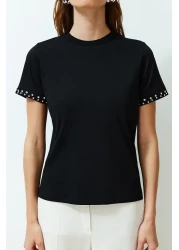  Collection Black Stone Accessory Detailed Regular Pattern Knitted T-Shirt TWOSS24TS00070