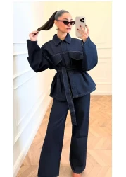 Perryes Women's Tie-Up Denim Suit Oversize Jacket and Pants