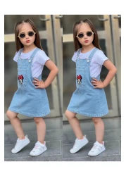 yns coolstar Minnie Print Jeans Salopet Gilet Dress with Shorts 2 Pieces Set