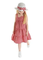 Midani Store Summer Girl's Dress Set with Straw Hat - Plaid Pattern (4-10) Years