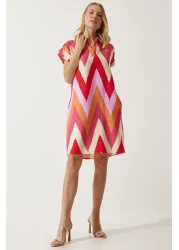 Happiness İstanbul Women's Red Cream Polo Collar Patterned Summer Dress OF00001