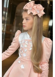 Riccotarz فستان بناتي بسحاب خلفي مفصل باللون الأبيض على الصدر مزين بجيب البطيخ وأكمام السلمون