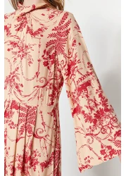  Modest فستان منسوج من القطن والفسكوز صيفي بتفاصيل عقدة وياقة منقوشة باللون الأحمر الكريمي TCTSS23EB00234