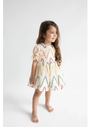 Magu Girl's Ecru Patterned Lined Cotton Dress