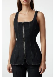  Collection Black Stitching Detail Zip Square Neck Denim Blouse Twoaw25Bz00005