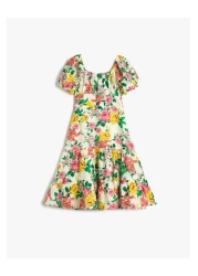 Koton فستان زهري متوسط الطول ذو أكمام قصيرة وياقة مربعة