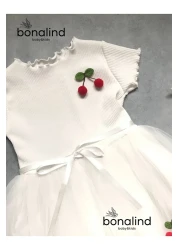 bonalind White Tulle Cherry Girl's Dress with Ribbed Fabric Top and Bottom Lining