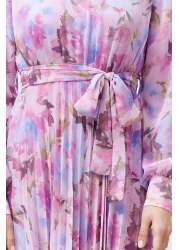  Modest فستان منسوج من الشيفون مبطن ومزين بالزهور باللون الوردي TCTSS24EB00151