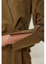 Happiness İstanbul بلوزة بوبلين قميص مخطط كاكي للنساء US00962