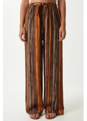 Happiness İstanbul بنطلون بالازو فسكوزي منقوش باللون البني للنساء EN00606