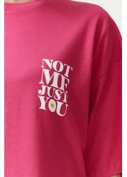  Collection Fuchsia 100% Cotton Back and Front Slogan Printed Oversize/Comfortable Fit Knitted T-Shirt TWOSS24TS00235