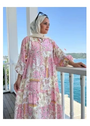 Aselim Hijap Moda فستان صيفي منقوش عرقيًا | زر وقص مريح باللون الوردي