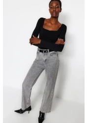  Collection Black Cotton Stretchy Square Neck Fitted Blouse TWOAW24BZ00016