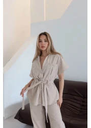 Laluvia Natural Buttoned Belted Blouse Trousers Set - 7207