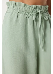 Happiness İstanbul بنطلون بالازو نسائي من الكتان الفيسكوز باللون الأخضر - FN03287
