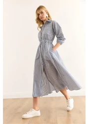 Olalook فستان قميص طويل بخصر مطاطي باللون الأزرق الداكن للنساء ELB-19002398