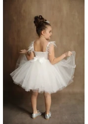 black white wedding Girl's White Fluffy Dress Birthday Dress with Lace Detail