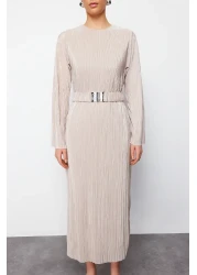 Modest Gold Knitted Dress - Belt and Pleated, TCTSS24EB00154