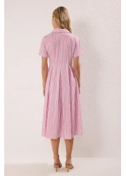  Collection Pink Striped Skirt Waist Open Half Placket Midi Woven Dress Twoss25El00187