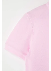 TRENDYOLKIDS Pink Girl 100% Cotton Flower Embroidered Polo Neck Short Knitted Dress Tkdss25El00085