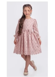 Pina Kids فستان بناتي بأكمام طويلة وأكمام مطاطية وتفاصيل شريطية ELB.2774