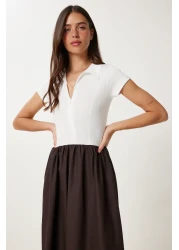 Lovelyİstanbul فستان بتنورة بوبلين مع جزء علوي محبوك مرن باللون البني الداكن LFN0099