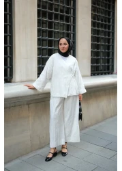 LOCCO Almond Stitched Women's Kimono Set White