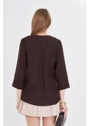 armonika Women's Brown V-Neck Quarter Sleeve Blouse Arm-25Y 001024
