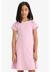 Defacto Girls' Crew Neck A-Line Basic Solid Ribbed Camisole Short Sleeve Summer Dress E5801A825Sm