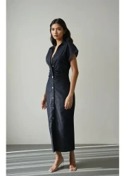 Bak'ap Denim Jeans Shirring Detailed Buttoned Maxi Short Sleeve Long Dress