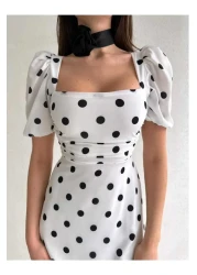COOLGİRLS Women's White Polka Dot Patterned Square Collar Lined Maxi Long Length Premium Dress