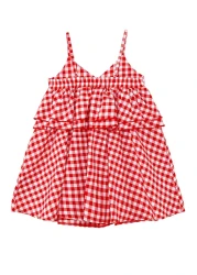 Denokids فستان بحمالات مكشكشة منقوشة باللون الأحمر للفتيات الصغيرات