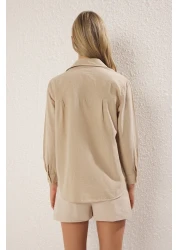  Collection Mink Cotton Blended Linen Look Oversize Wide Fit Woven Shirt Twoss25Go00096