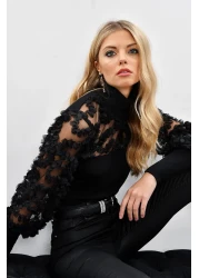 Cool & Sexy Women's Black Sleeves Tulle Ruffle Accessory Blouse BK894