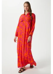 Ritnice فستان طويل بأزرار أمامية برتقالية اللون برتقالي 100٪ فيسكوز حديقة نسائية محتشمة