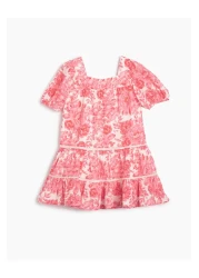 Koton فستان قصير مزين بالزهور وأكمام بالونية قصيرة وياقة مربعة مبطن