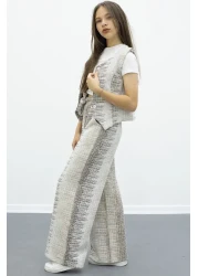 Cansın Mini طقم بناتي مكون من قطعتين مع سترة بأزرار بنية وسروال واسع الأرجل وحزام 21014